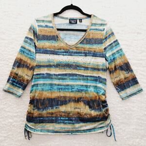 T-Shirt Size L Ruched Long Sleeve V-Neck Soft Girl Boho Cottagecore Coastal Y2K